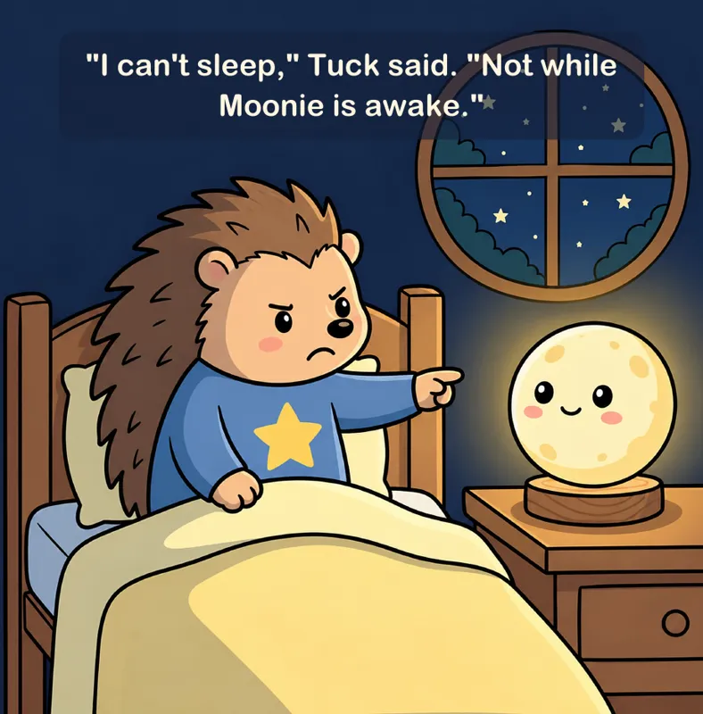 Page 3: Tuck sits up in bed and points at Moonie. "I can't sleep," Tuck said. "Not while Moonie is awake."